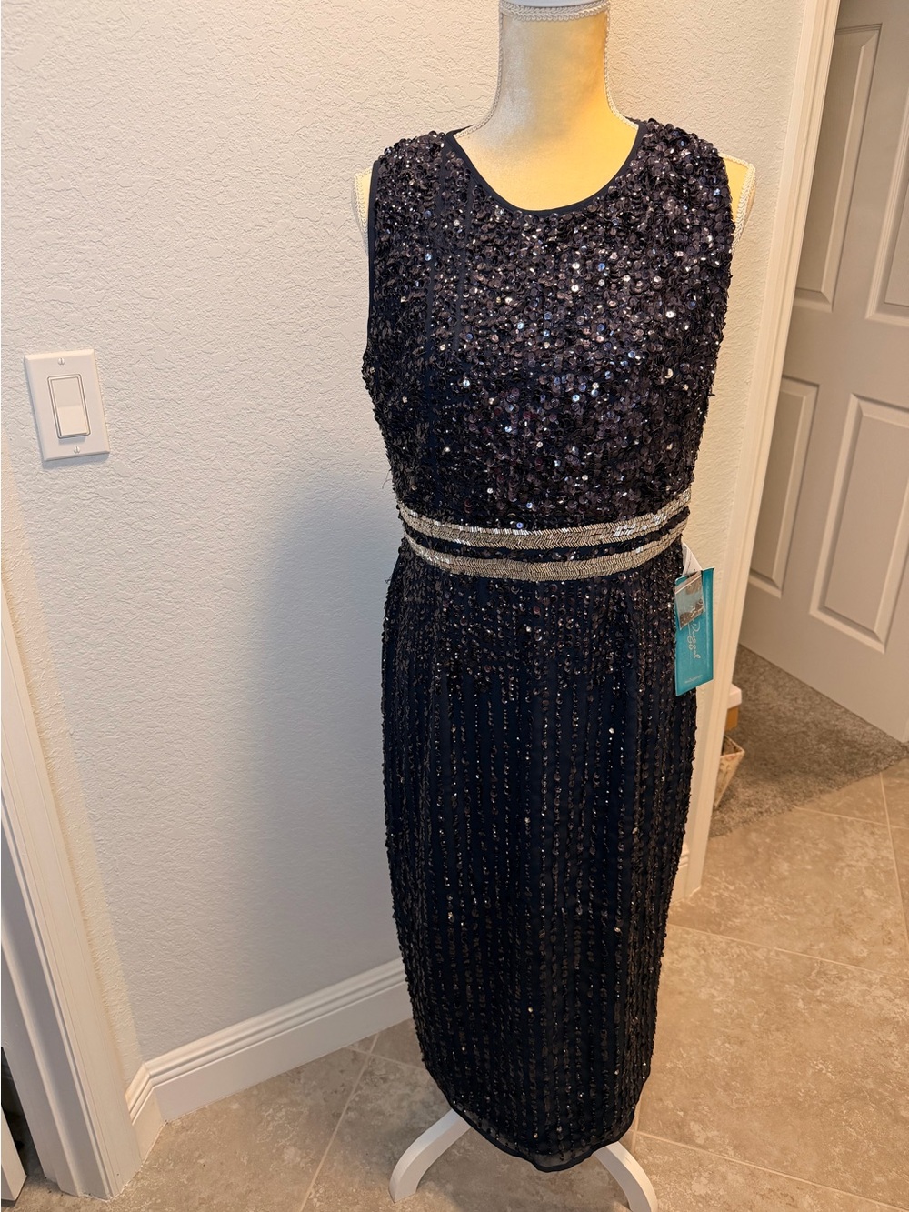 Mac Duggal Navy Sequin Sleeveless Evening Dress with Beaded Waist